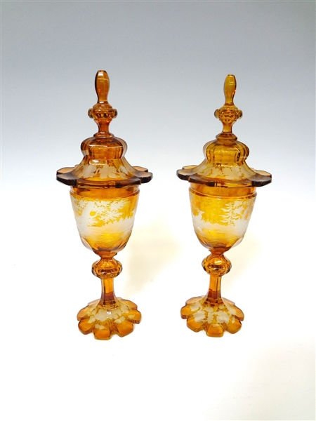Pair 19th Century Bohemian Amber Glass Acid Etched Lidded Vases