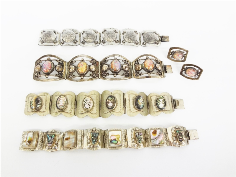 (4) Chunky Sterling Silver Bracelets, One Pair Earrings