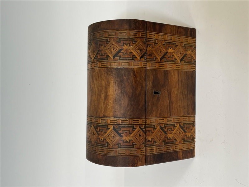19th Century English Round Top Tea Caddy with Inlaid Marquetry
