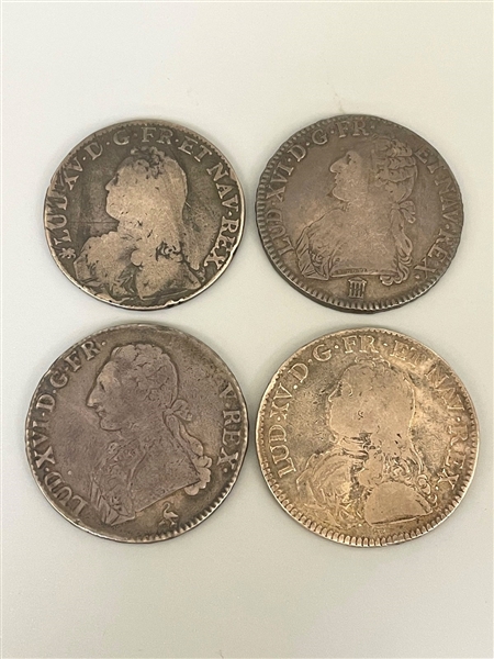 (4) France 1 Ecu: 1726T, 1734A, 1783A, 1784K Silver Coins