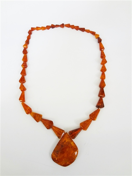 Amber Necklace Hand Knotted Chunky With Drop Pendant