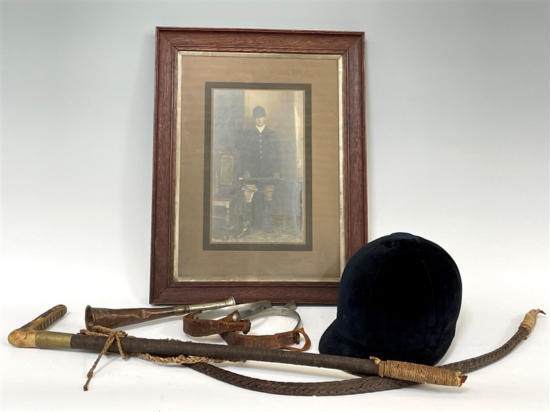 1860s Hunters Ensemble Including Riding Cap, Whip, Spurs, Whip and Bugle