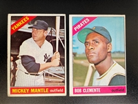 (2) 1966 Topps Baseball Cards Mickey Mantle #50, and Roberto Clemente #300