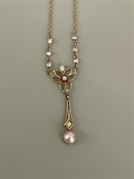 Gold Filled Necklace With Drop Pendant Seed Pearls and Diamond Chips