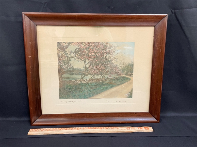 Large Wallace Nutting Framed Hand Colored Photograph Many Happy Returns