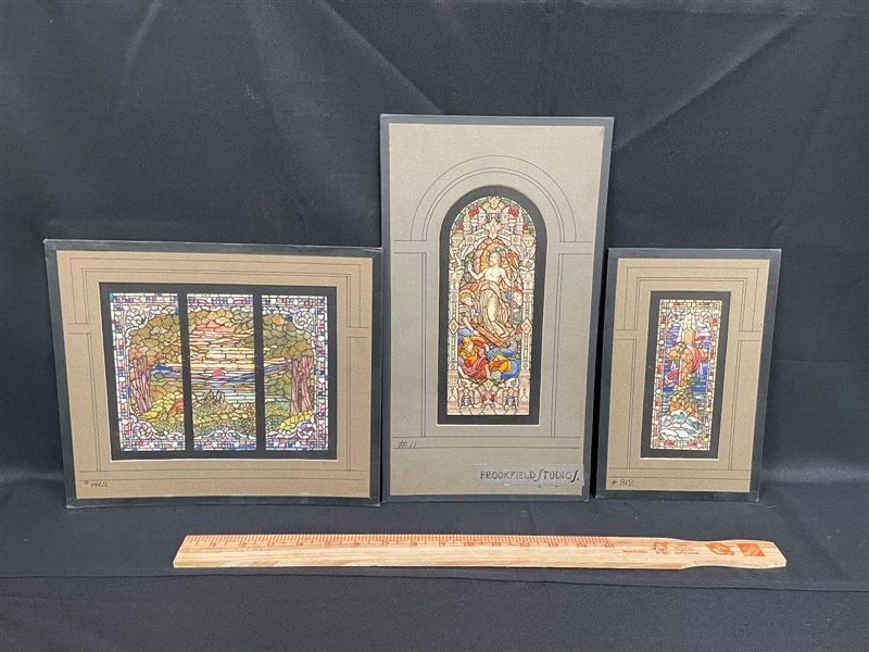 (3) Stained Glass Window Watercolor Studies Brookfield Studios