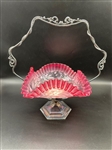 Victorian Brides Basket with Cranberry Opalescent Glass and Van Bergh Silver Plate Holder 