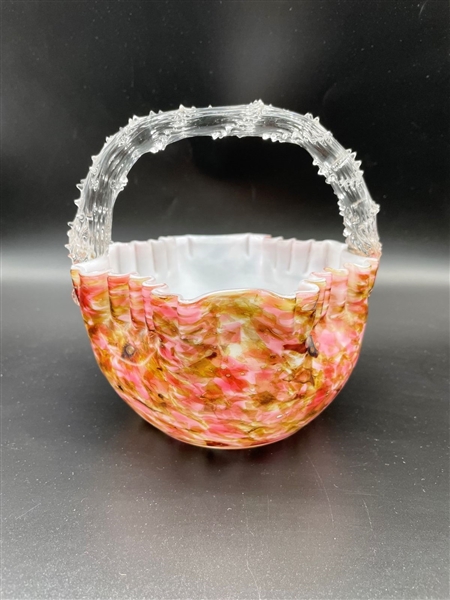 Antique Splatter Confetti Art Glass Basket With Thorn Handle