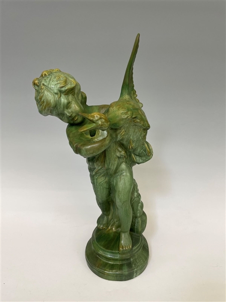 Green Art Pottery Sculpture Girl Holding a Goose 