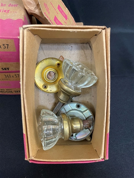 (4) Tegco Dull Brass and Glass Door Knobs in Original Boxes with Hardware