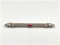 14k White and Yellow Gold Art Deco Diamond and Ruby Bar Brooch