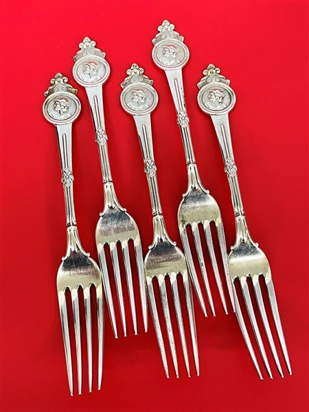(5) Gorham Sterling Silver Medallion Dinner Forks For Starr and Marcus NY
