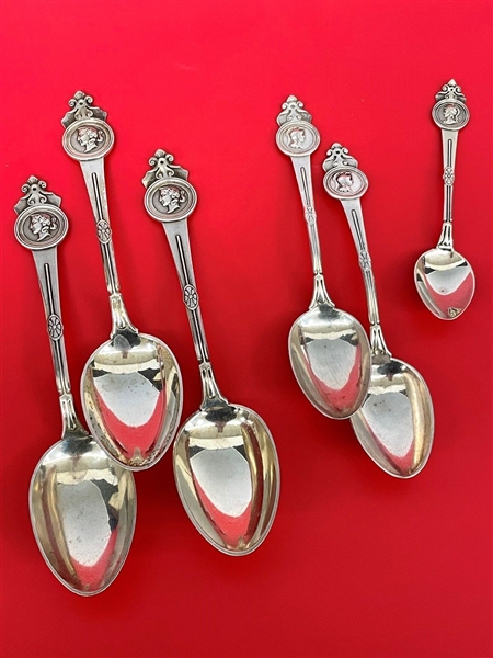 (6) Gorham Sterling Silver Medallion Soup, Tea, and Demitasse Spoons For Starr and Marcus