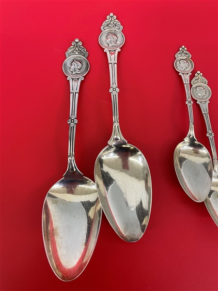 (4) Silver Serving and Teaspoons Medallion Pattern Made for J.W. Tucker