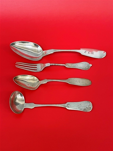 (4) Coin Silver Flatware Pieces; H.I. Sawyer, Seib and Ankeny, J.H. Potts, Cornelius A. Burr: 