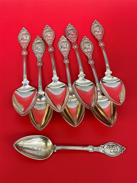 (8) Hotchkiss & Schreuder Medallion Sterling Silver Spoons Made for Mermod & Jaccard