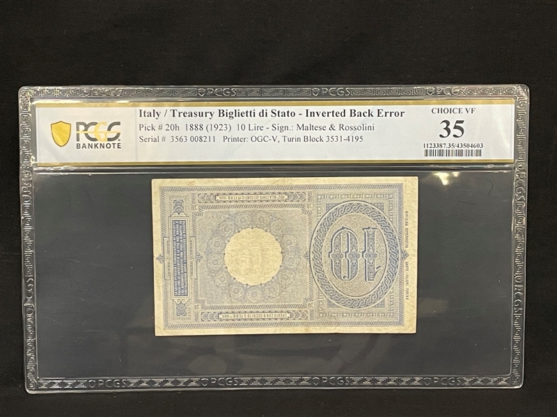 1923 Italy Ten Lire Note Inverted Back Error PCGS VF35 Pick #20h