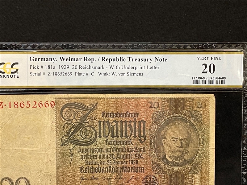 1929 Germany Weimar Republic 20 Reichsmark Treasury Note Pick #181a PCGS VF20