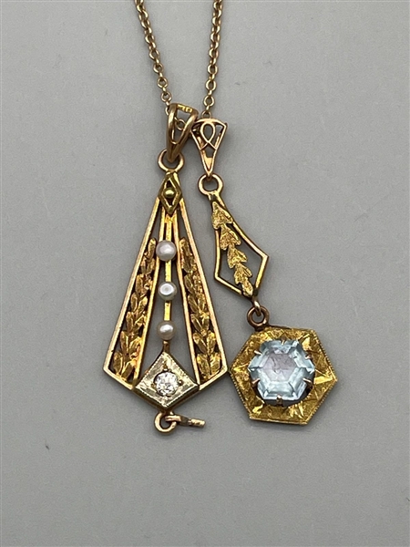 10k Gold Necklace with 2 Drop Pendants