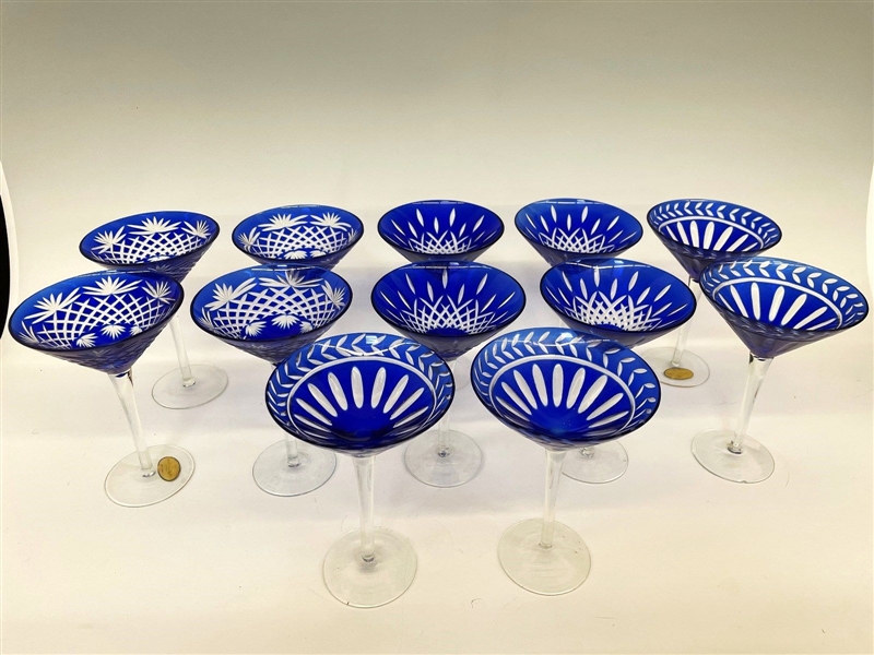 (12) Imperial Estate Crystal Martini Glasses Cobalt Cut to Clear