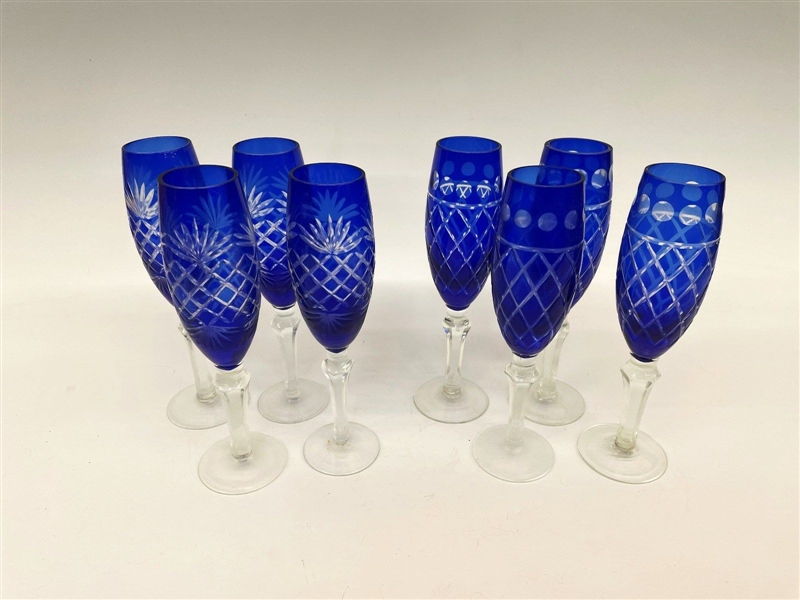 (8) Imperial Estate Crystal Champagne Glasses Cobalt Cut to Clear
