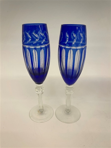 (8) Imperial Estate Crystal Champagne Glasses Cobalt Cut to Clear