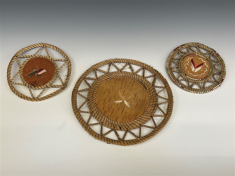 (3) Round Native American Birch Bark and Porcupine Quill Trays