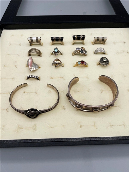 Sterling Silver Jewelry Group (2) Cuff Bracelets, (13) Rings