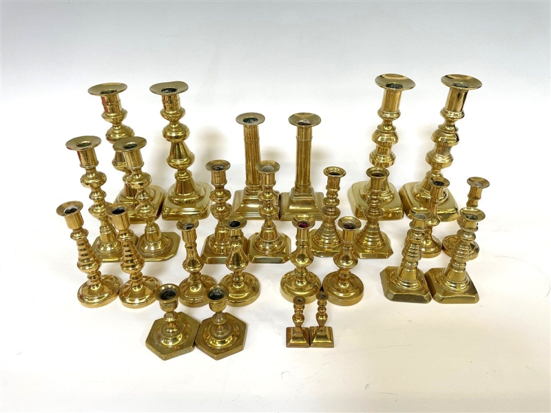 (13) Pairs of Vintage Brass Candle Sticks Various Sizes