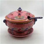 Quimper Faience Pink Lidded Soup Tureen with Under Plate and Ladle
