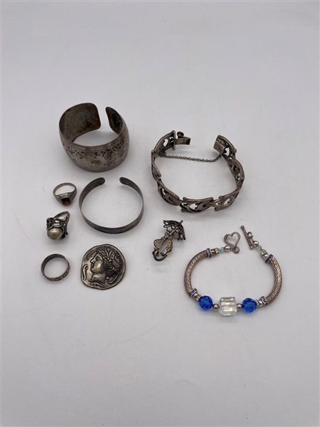 Group of Sterling Silver Jewelry: Bracelets, Brooches, Rings