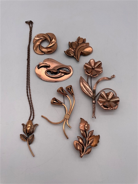 (6) Copper Brooches and (1) Flower Copper Necklace