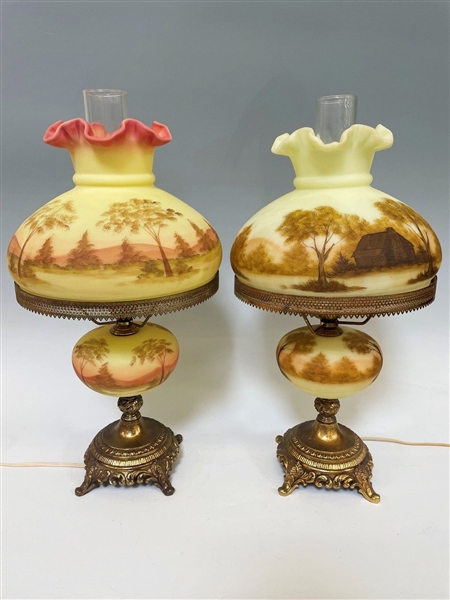 Pair Fenton Burmese Custard Table Lamps Hand Painted and Signed