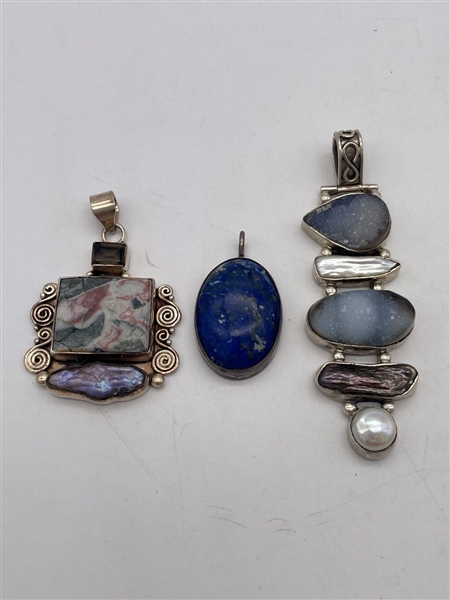 (3) Sterling Silver Backed Pendants With Azurite