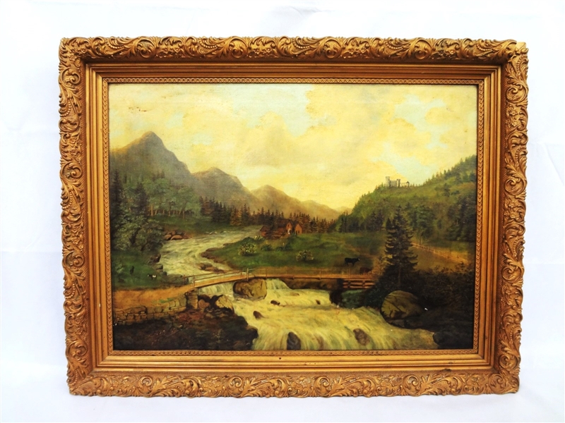 Original Oil on Canvas River Landscape in Gilt Frame