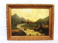 Original Oil on Canvas River Landscape in Gilt Frame