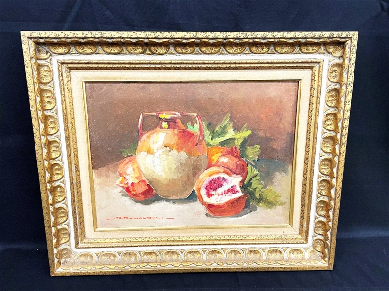 R. Romagnoli (Italy) Original Oil on Canvas: Still Life Pomegranates and Jug