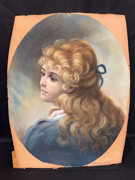 Oval Pastel Portrait Painting Young Girl