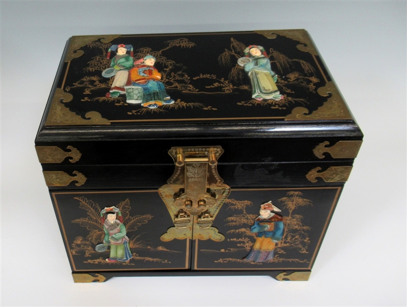 Large Black Lacquer Asian Jewelry Chest