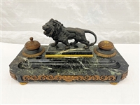 Double Inkwell With Center Lion Bronze on Marble Base
