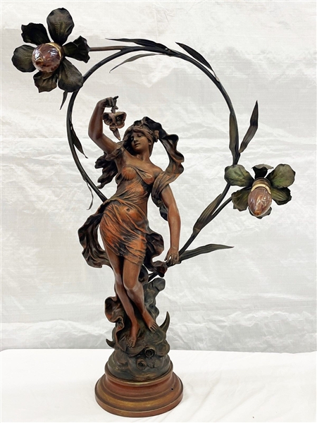 After Auguste Moreau Figural Spelter Lamp "Nuit de Printemps" or "Spring Night"