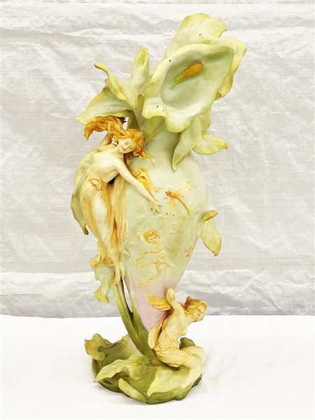 Art Nouveau Sculpture Fairies With Flowing Leaves Vase