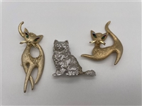 (3) Crown Trifari and Mamselle Cat Costume Jewelry Brooches