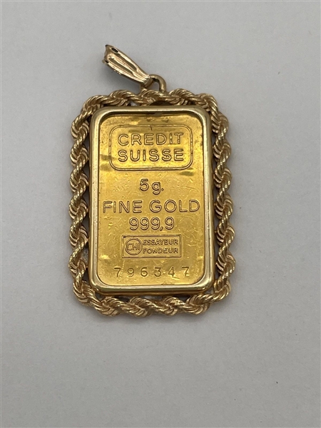 Credit Suisse 5 Gram .999 Buillon Gold Bar 24k With Rope Bezel