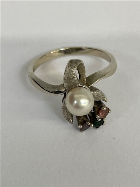 14k White Gold Topaz, Emerald, Pearl Ring