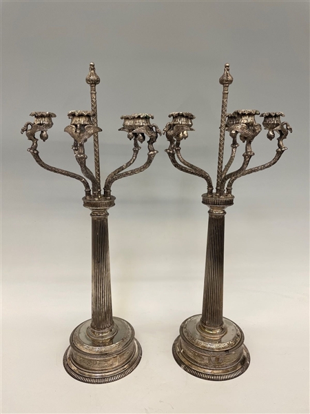 Pair Silver Plate Candelabras With Swans