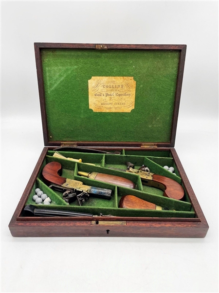 Cased Set of Early 19th Century English Flint Boxlock Pocket Pistols Complete Set