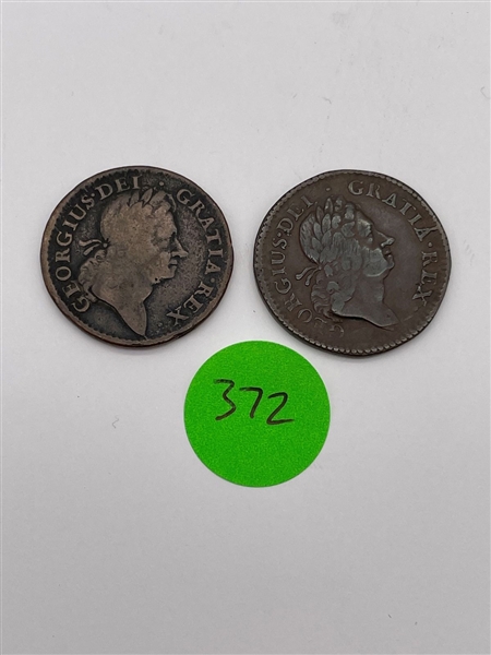 (2) 1723 Woods Hibernia Colonial Copper 1/2 Pennies (#372)