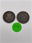 (2) 1723 Woods Hibernia Colonial Copper 1/2 Pennies (#372)