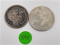 1970 Philippines 1 Piso, 1908s 1 Peso Silver Coins (#393)